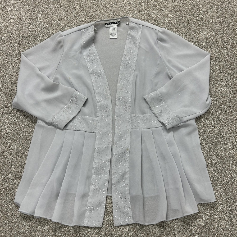 Dana Kay Jacket Womens 18W Gray Chiffon Sheer Glitter Open Front Pleated Lined